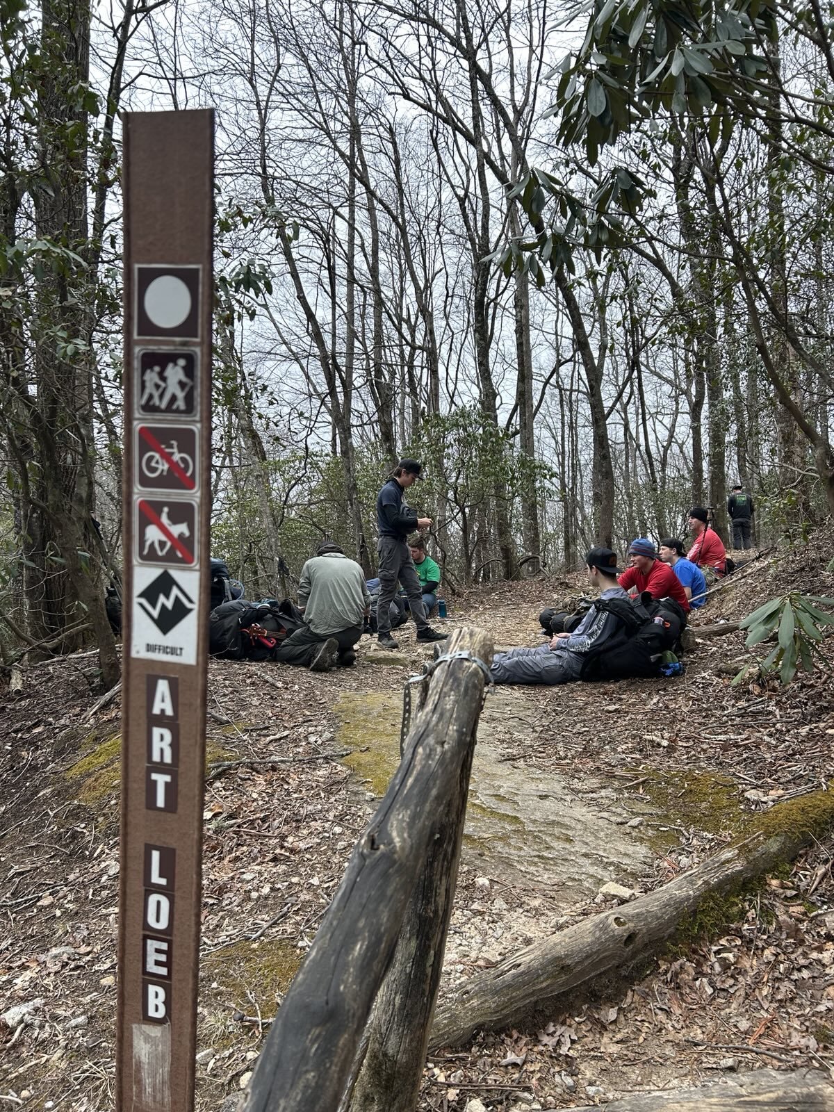 A group of hikers resting on a wooded trail, surrounded by leafless trees, with some sitting and others standing, carrying backpacks and wearing outdoor clothing; a trail sign with symbols indicating rules such as no bicycles or dogs, and a difficult