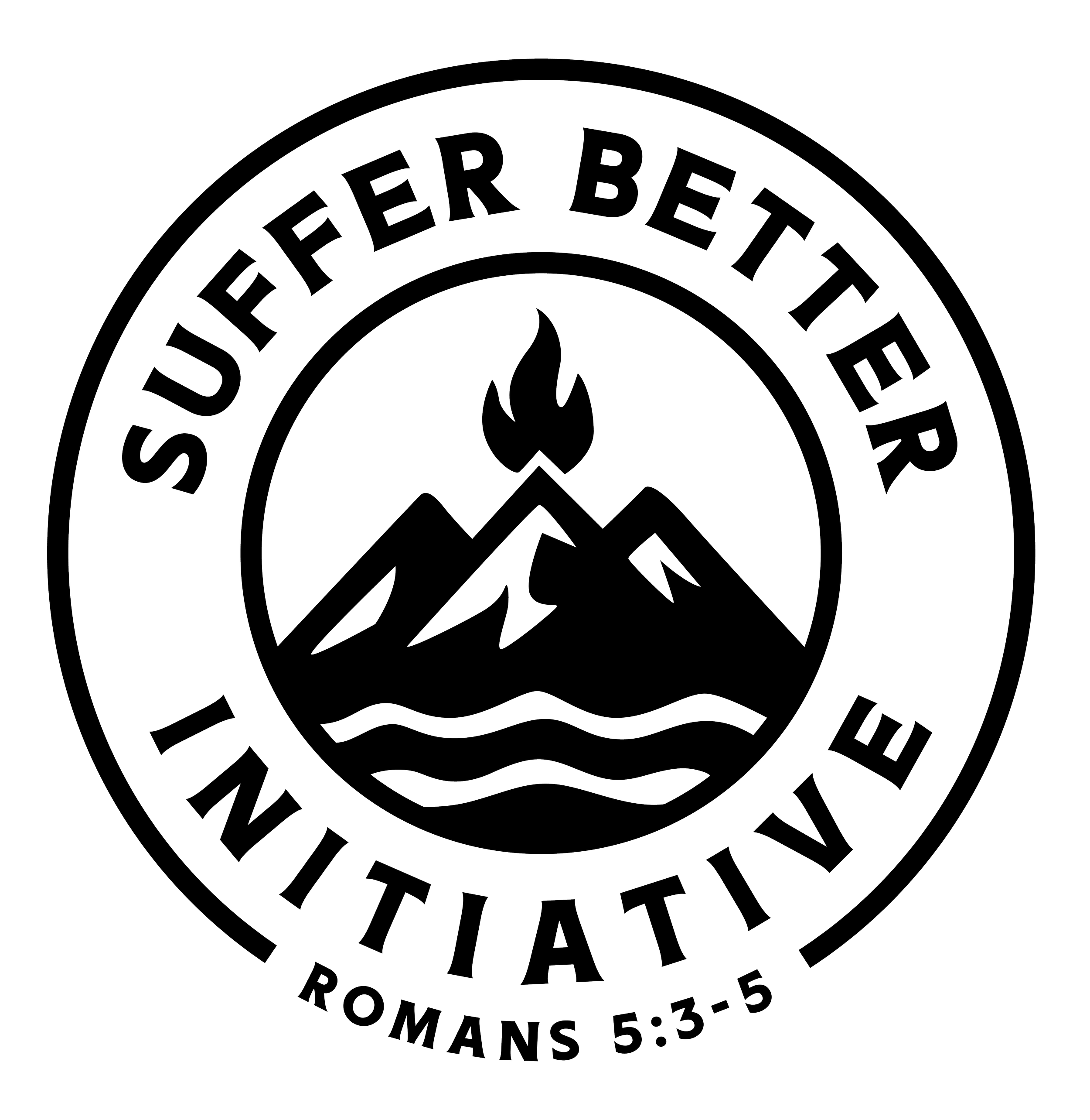 Circular logo with mountains, a fire, and water waves in the center. Text around the circle reads 'Suffer Better', 'Initiative', and 'Romans 5:3-5'.