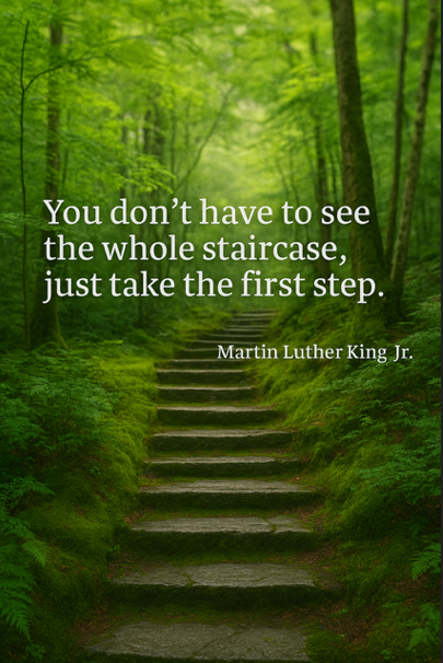 A trail of stone steps ascending through a lush green forest with trees and foliage.