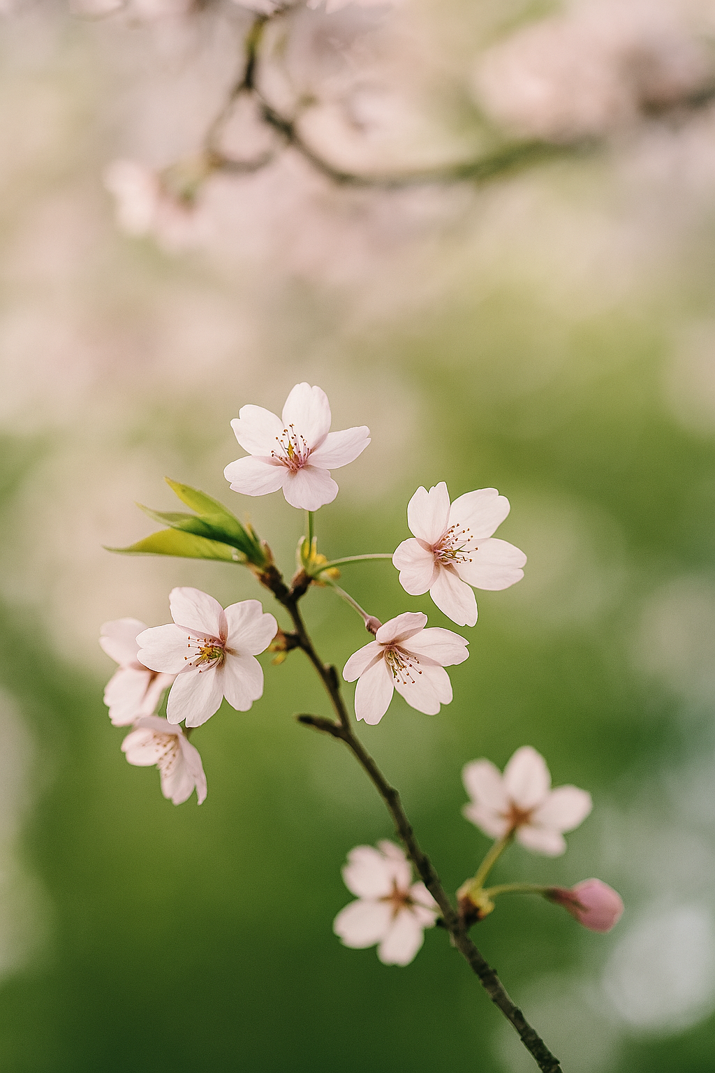 Close-up of pink cherry blossoms on a branch with a blurred green and pink background.