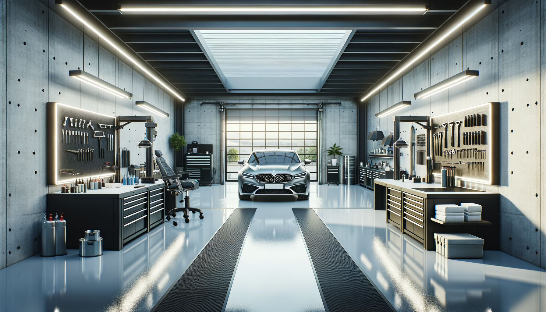 A modern, well-organized car workshop with a silver car parked inside, surrounded by workbenches, tools, and equipment.