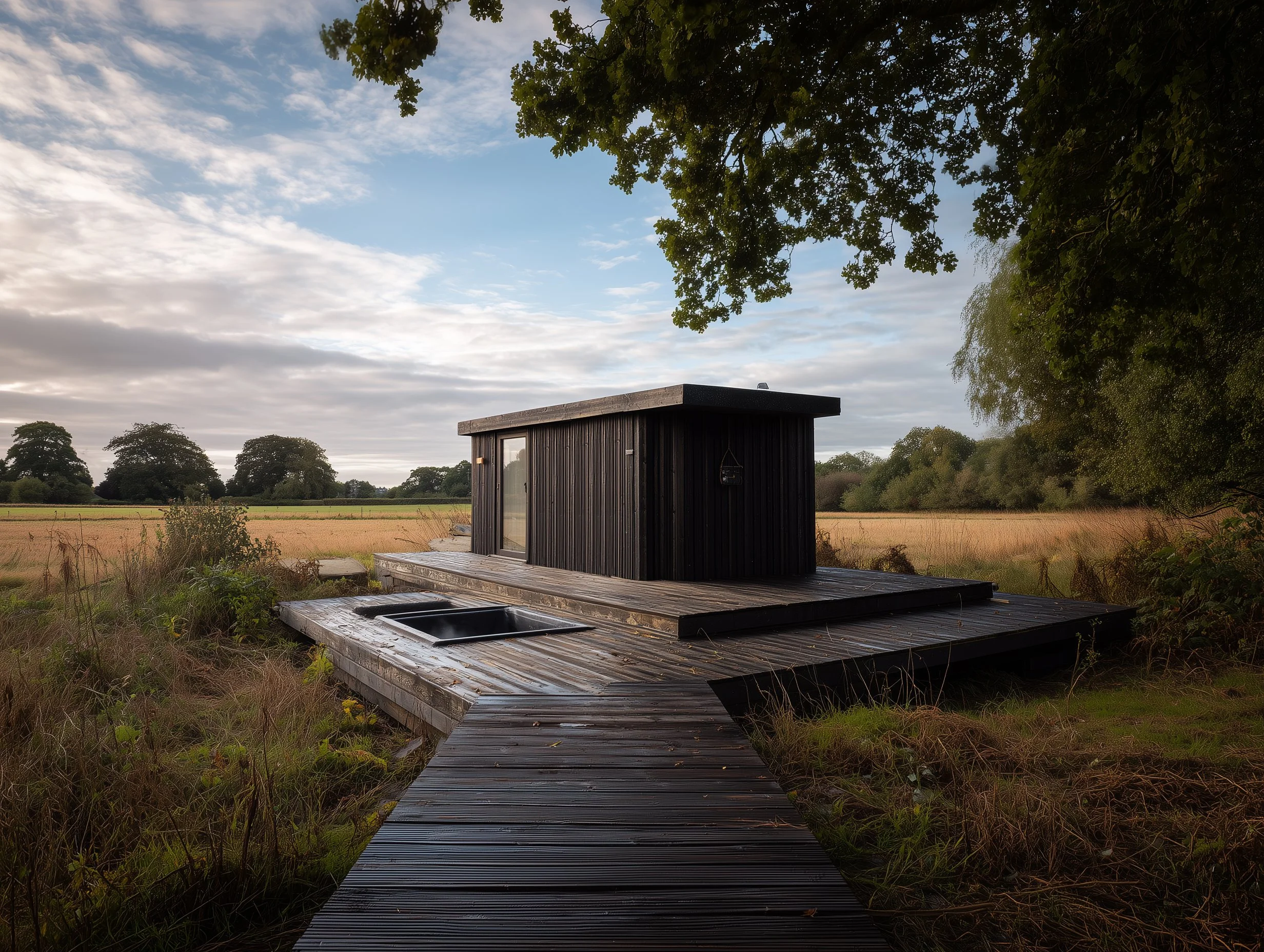 A small black modern cabin with a wooden deck and walkway, surrounded by tall grass and trees, under a partly cloudy sky.