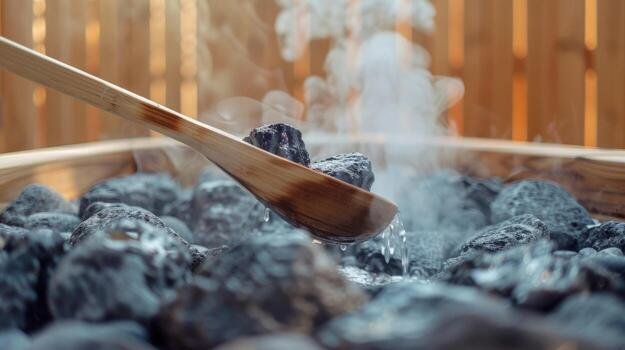 A wooden spoon stirring hot stones in a traditional hot spring or onsen.