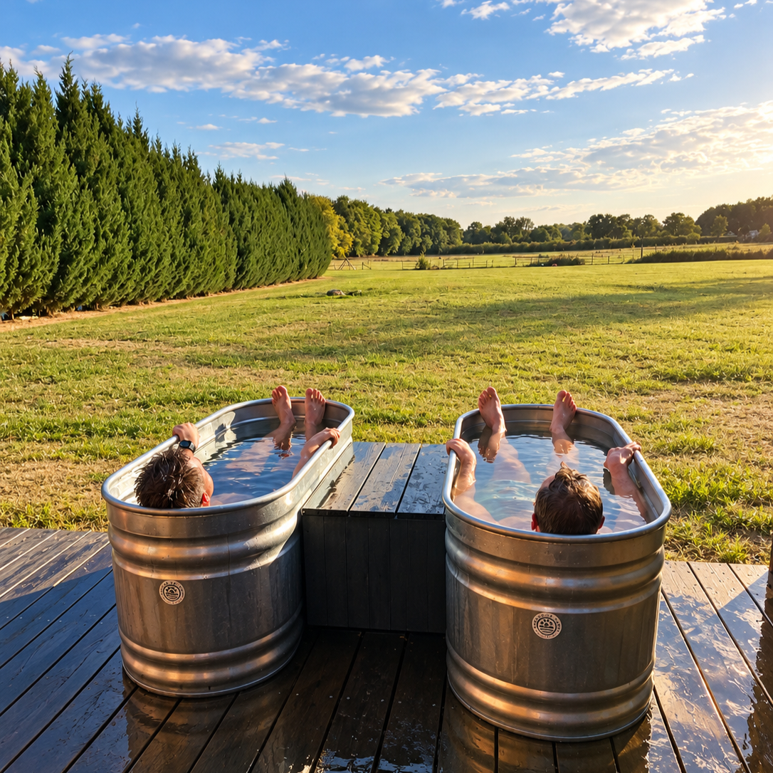 Two children relaxing in metal bathtubs filled with water on a wooden deck outdoors, with a large green field and trees in the background, under a partly cloudy sky at sunset.