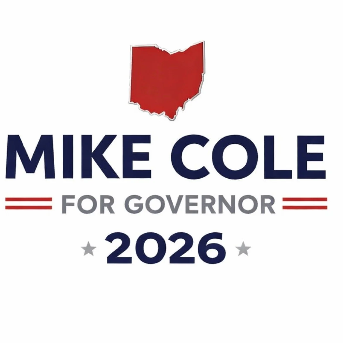 Campaign poster for Mike Cole for governor 2026, featuring a red outline of the state of Ohio, with text in blue and gray, and red and gray decorative lines.