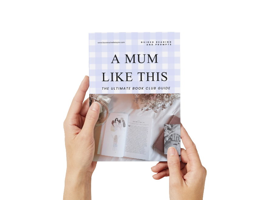 Hands holding a book titled 'A Mum Like This: The Ultimate Book Club Guide' against a black background.