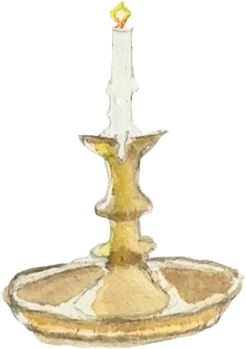 A watercolor painting of a white and gold candle holder with a lit candle on top.