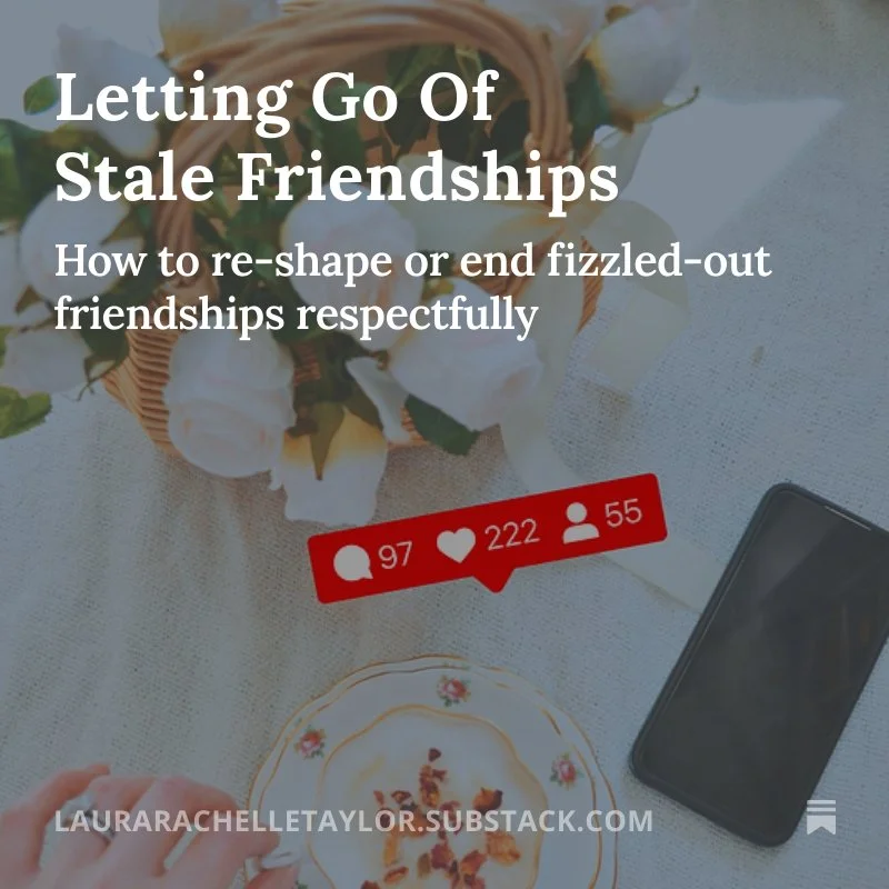 A basket of white roses and green leaves, a smartphone, and a plate with a partially eaten slice of cake on a table with a white tablecloth. Overlaid text promotes ending stale friendships, with social media notification icons showing high engagement