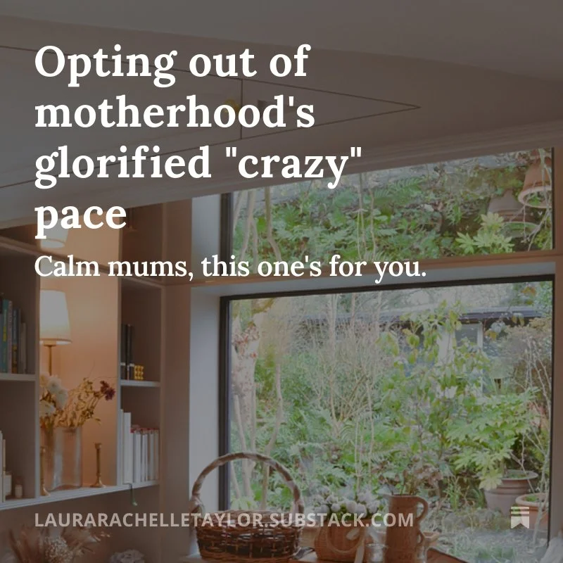A cozy room with a large window overlooking a garden, a bookshelf with books and a vase of flowers, and a warm lamp. Text overlay reads: "Opting out of motherhood's glorified 'crazy' pace. Calm mums, this one's for you."