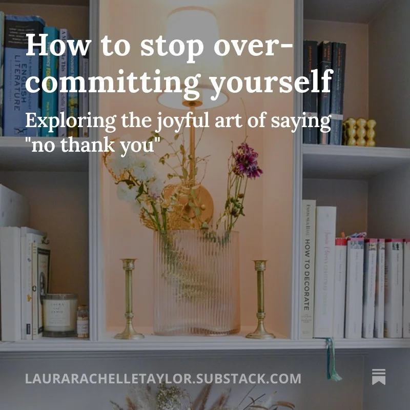 A bookshelf with books, a white lamp, a glass vase with flowers, and two candle holders on a white shelf, with an overlay text about stopping over-committing.
