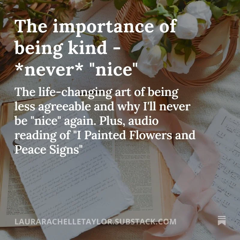A flat lay of an open book, a person holding sheet music, and a gift wrapped in light pink paper with a ribbon, surrounded by white flowers in a basket.