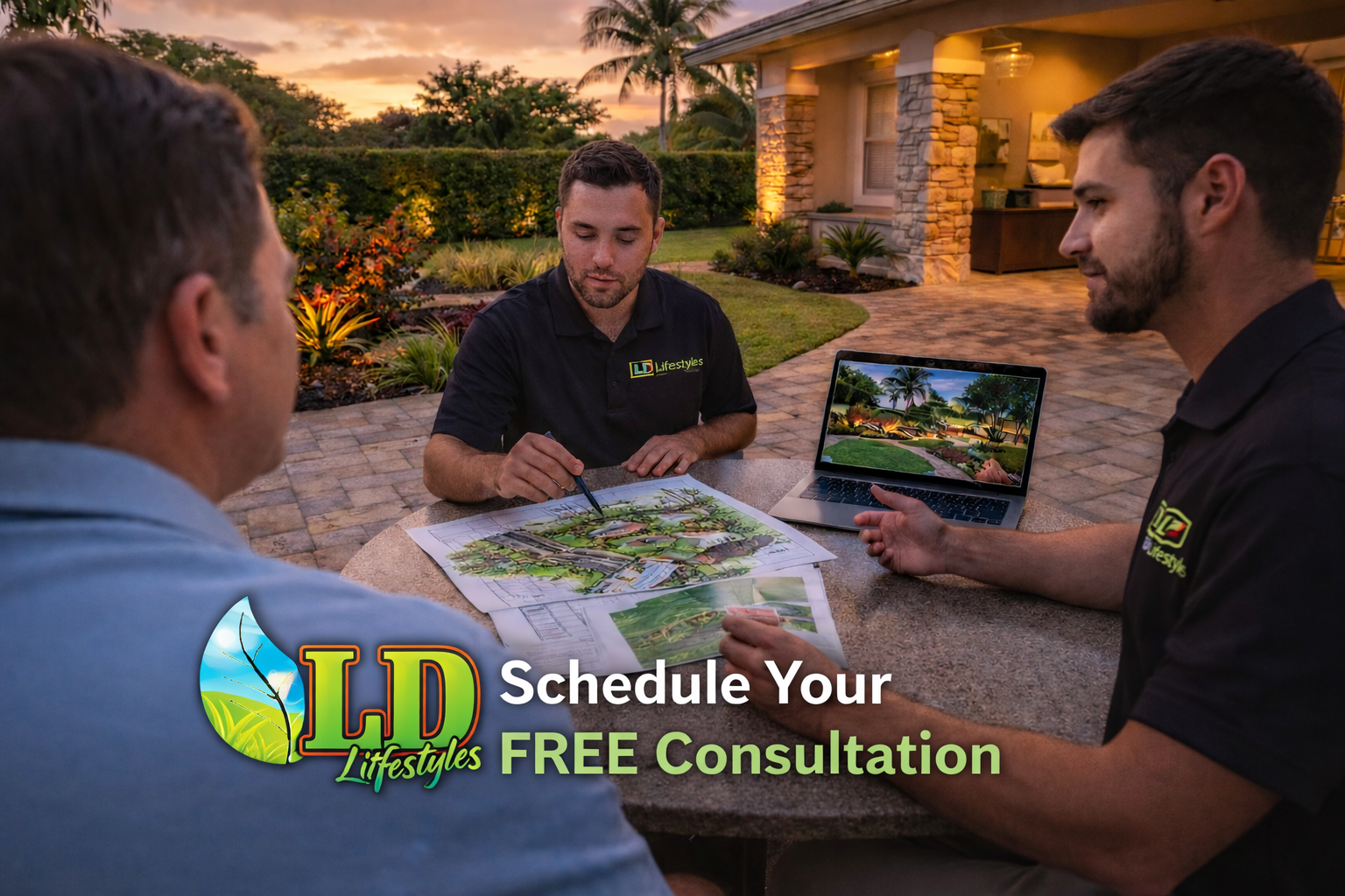 Three men in black polo shirts with 'LD Lifestyles' logo having a discussion at an outdoor table during sunset, reviewing landscape design plans and a laptop showing a garden landscape, in a backyard patio.