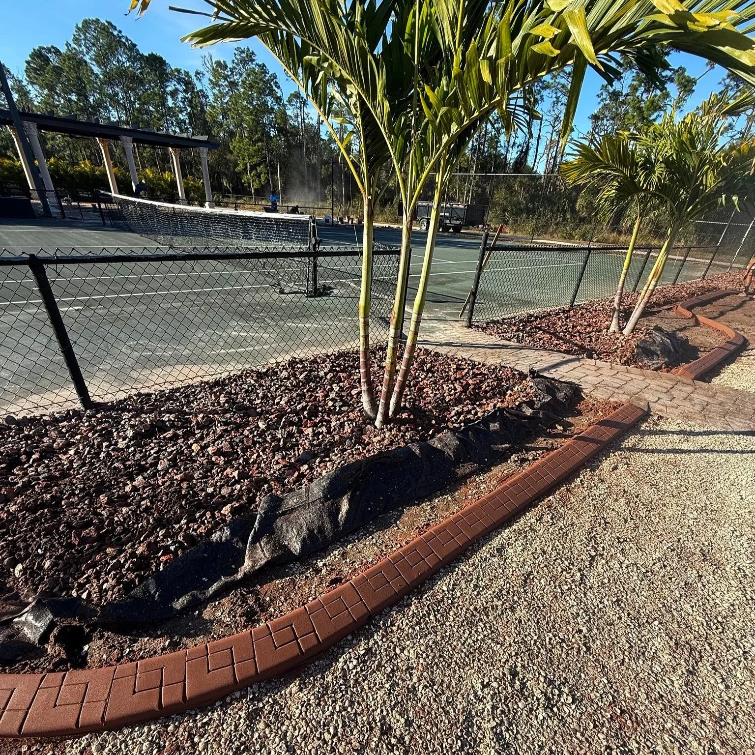 A tennis court surrounded by a chain-link fence, with trees in the background and a clear blue sky. There are palm trees planted along the walkway, which is lined with reddish-brown bricks and gravel.