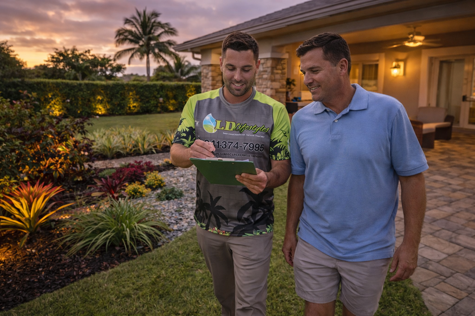 LD Lifestyles project manager walking the property with the customer providing an estimate in Punta Gorda Fl.