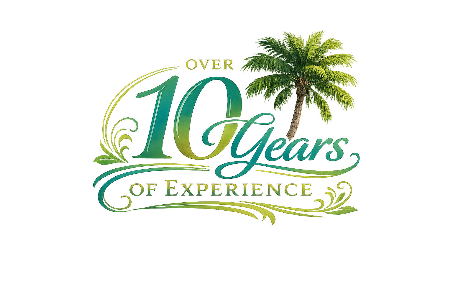 A colorful graphic with the text 'Over 10 Years of Experience' accompanied by a palm tree.