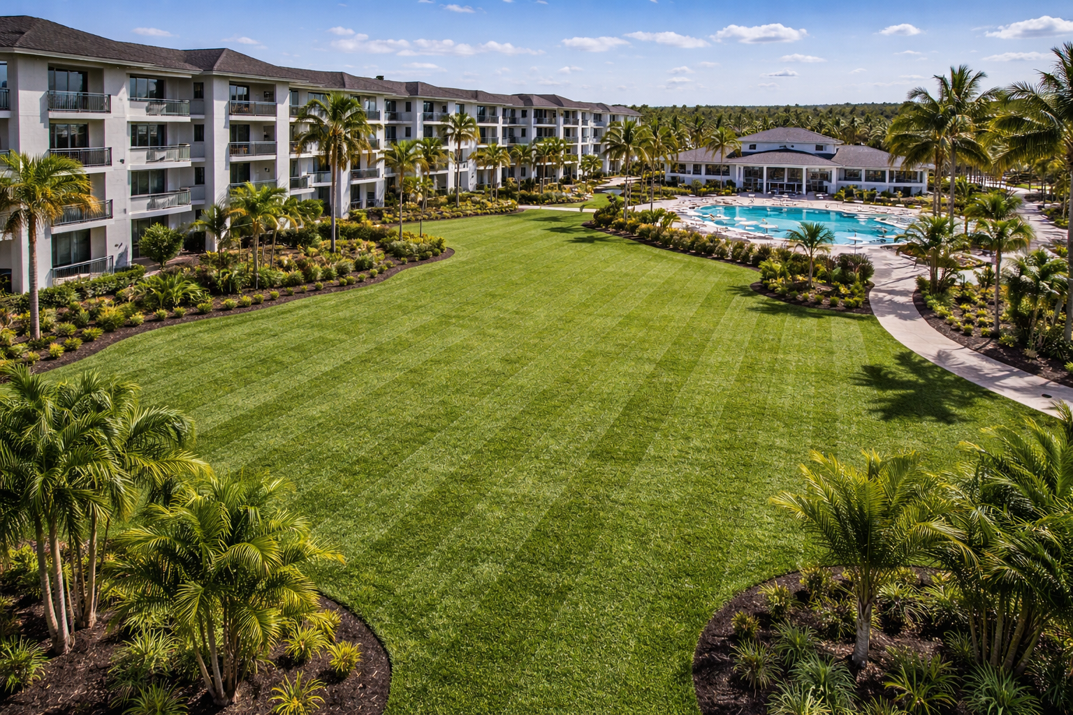 A landscaped resort courtyard with a large green lawn, tropical plants, palm trees, a swimming pool, and a surrounding building with balcony rooms under a blue sky.