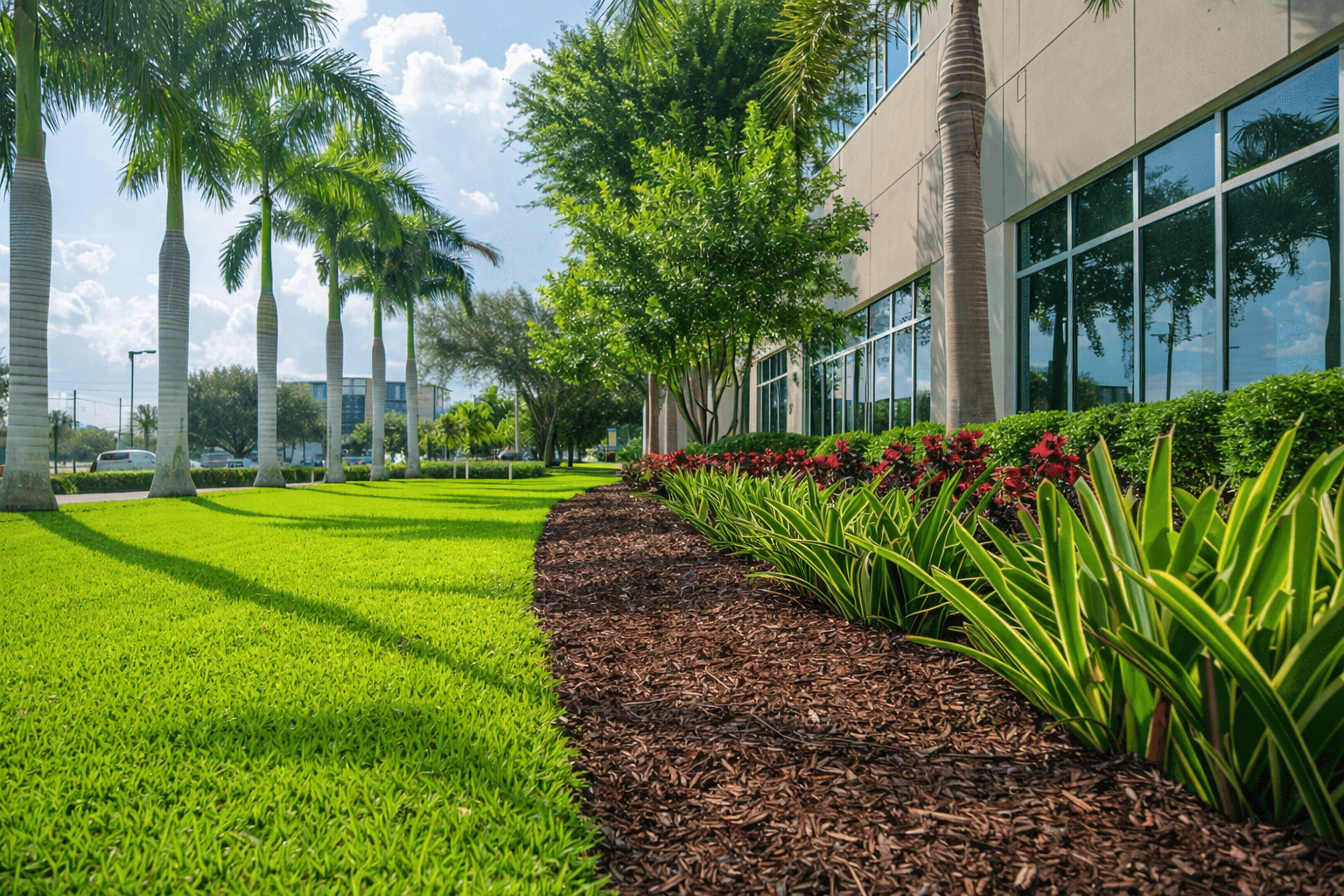 Commercial property in Punta Gorda freshly mowed with fresh mulch and plants.