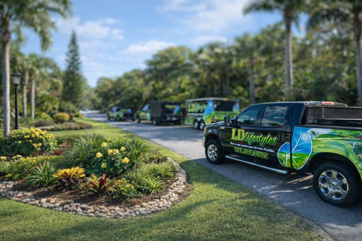 LD Lifestyles trucks at completed landscape design project with fresh lawn in Port Charlotte Florida.