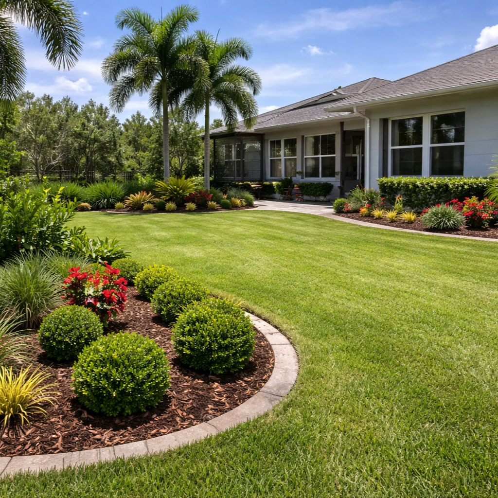 Freshly trimmed bushes and palms during routine maintenance at Punta Gorda home by LD Lifestyles.