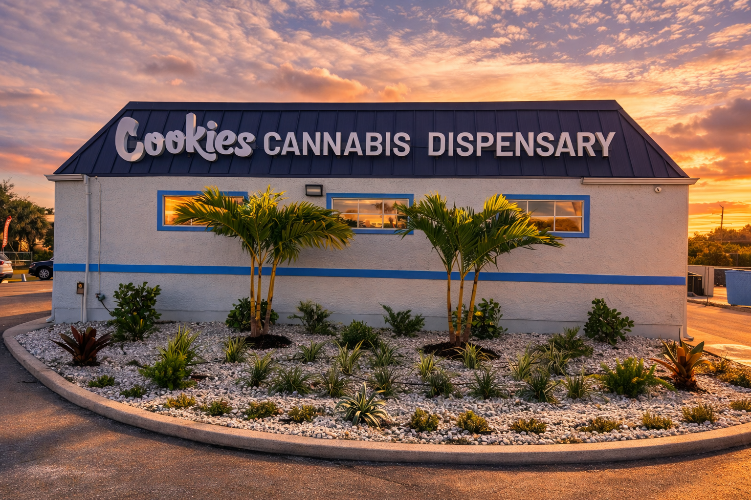 'Cookies Cannabis Dispensary' landscape designed with Palm Trees, plants, and white rocks by LD Lifestyles in Port Charlotte Florida.