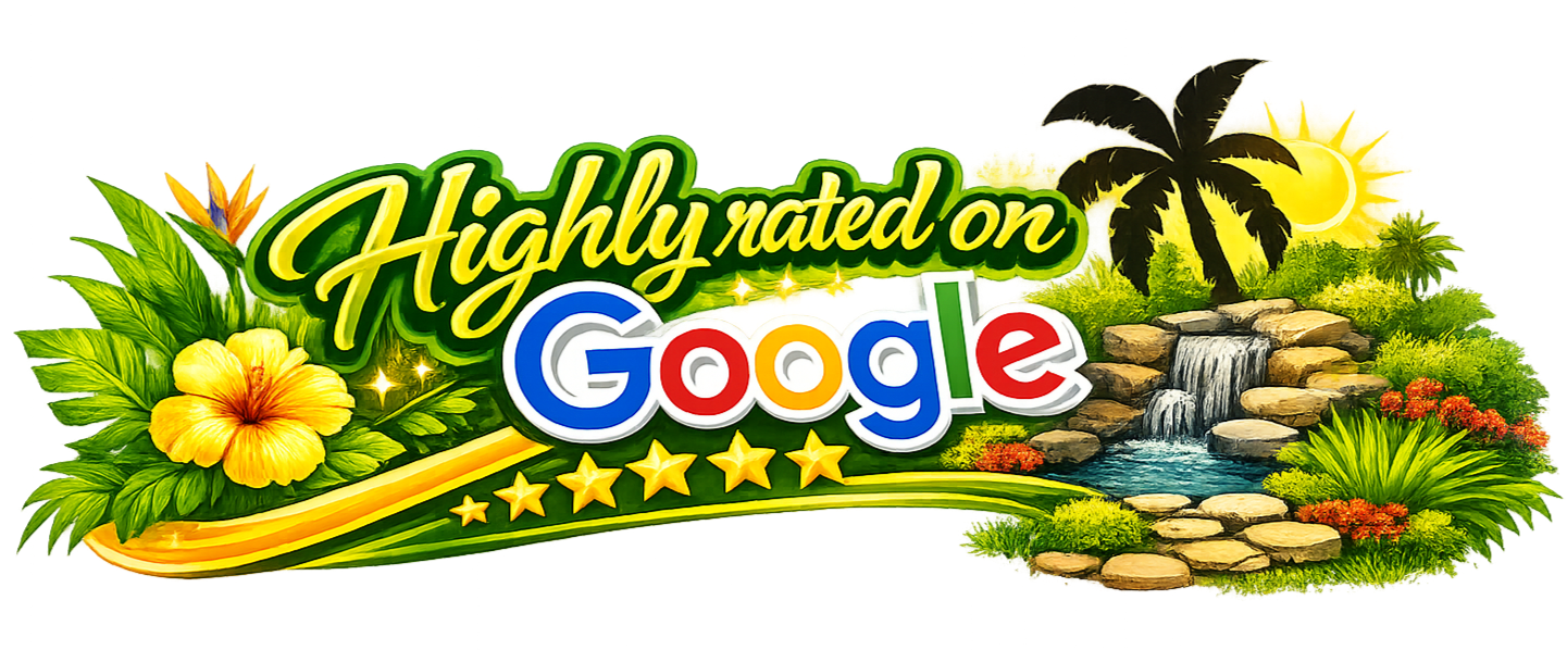 Decorative graphic with tropical flowers, palm trees, waterfall, and lush greenery, celebrating Google with five gold stars and the phrase "Highly rated on Google".