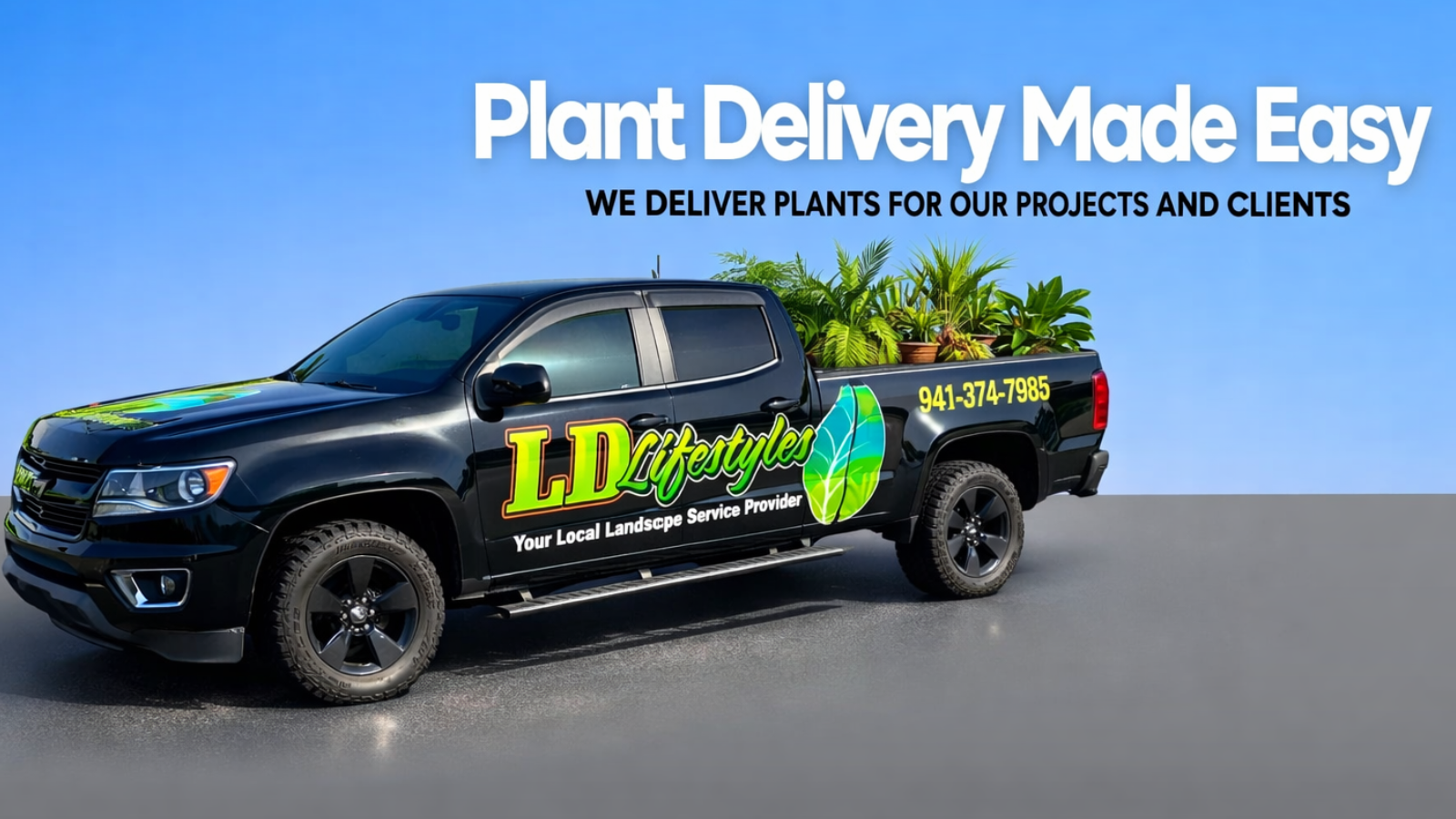 LD Lifestyles truck with plants in the bed doing a delivery for a customer in North Port.