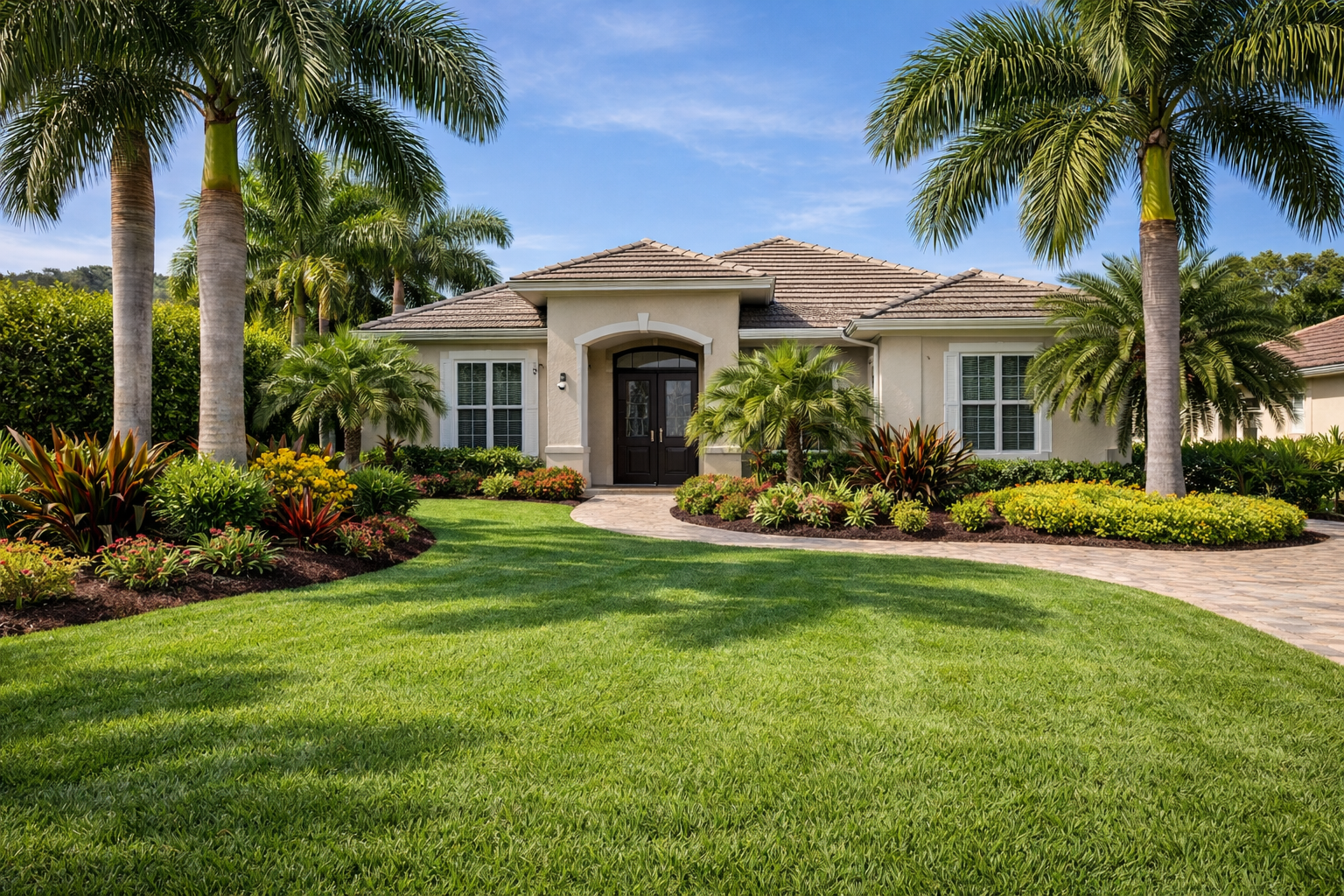 Landscape design with plants and palms in Punta Gorda Florida by LD Lifestyles. Grass mowed and healthy.
