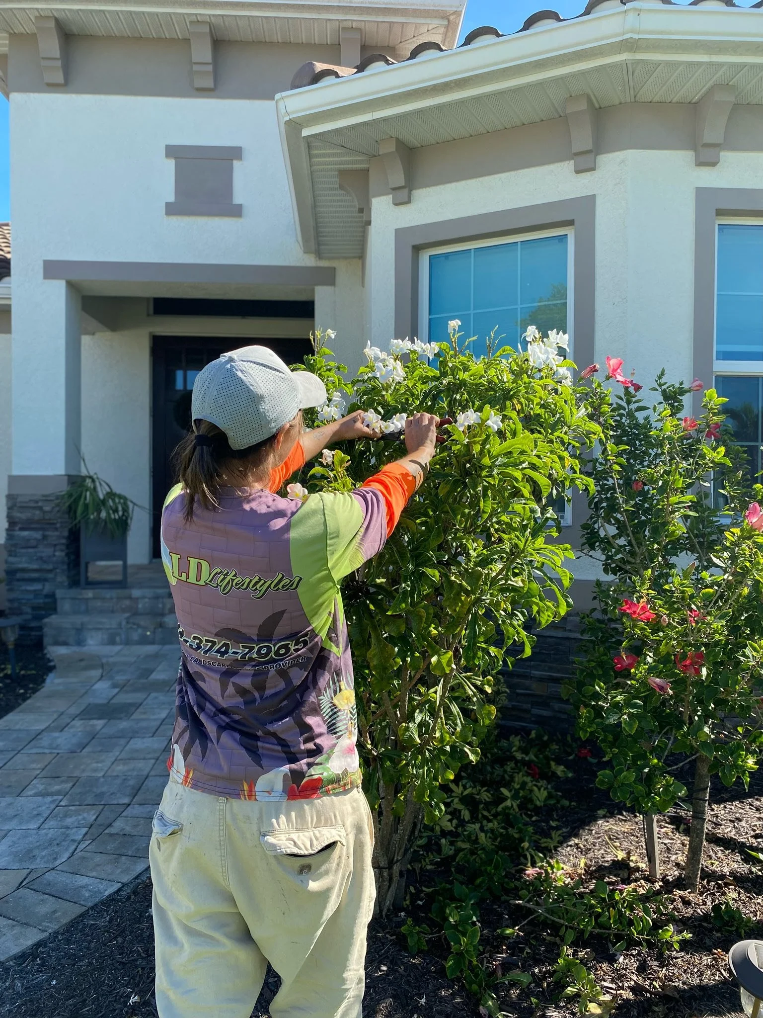 LD Lifestyles team member Jessie pruning flowering shrubs in HOA community.