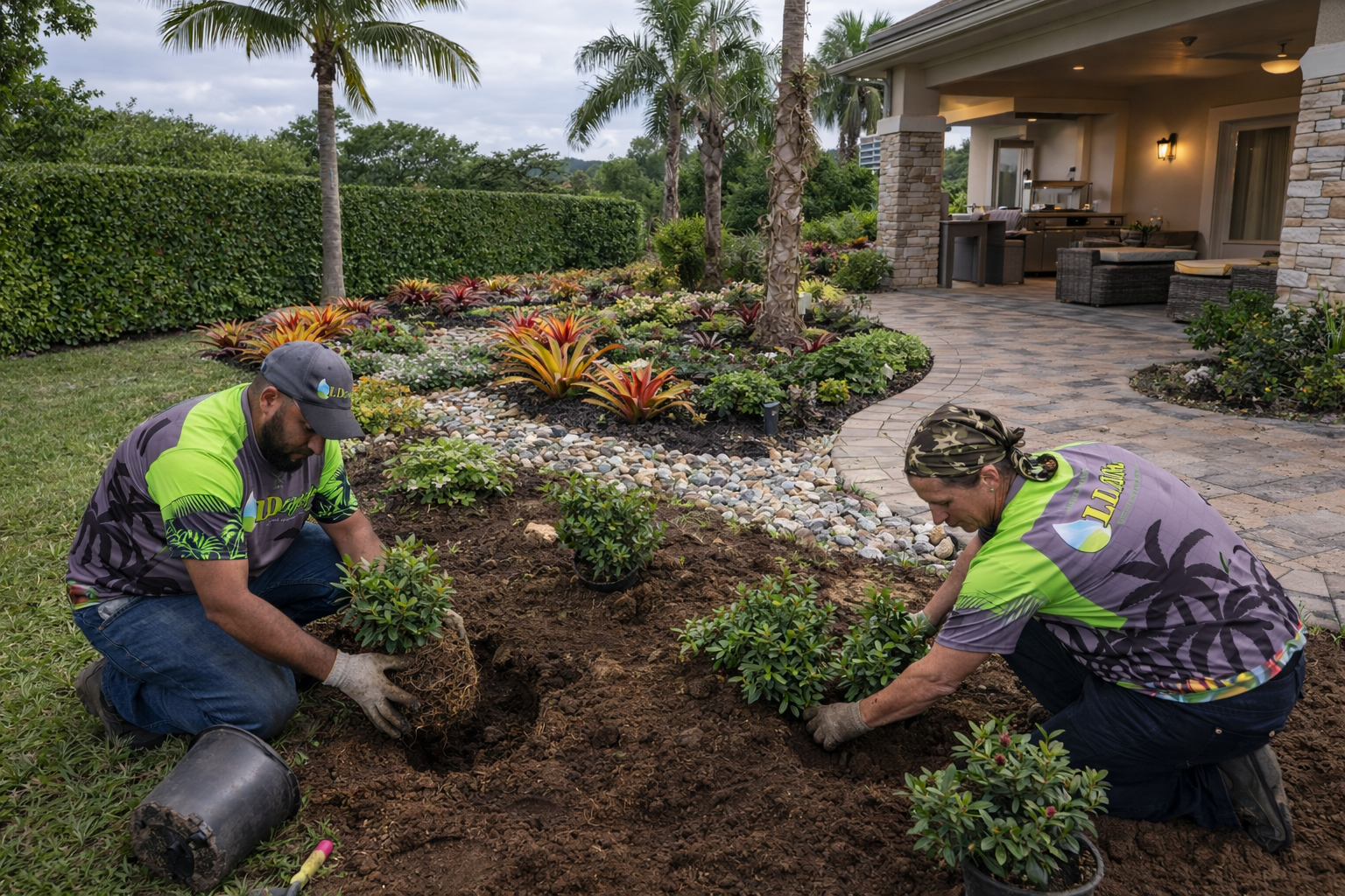 Punta Gorda backyard landscaped with mulch, plants, and rocks by LD Lifestyles.