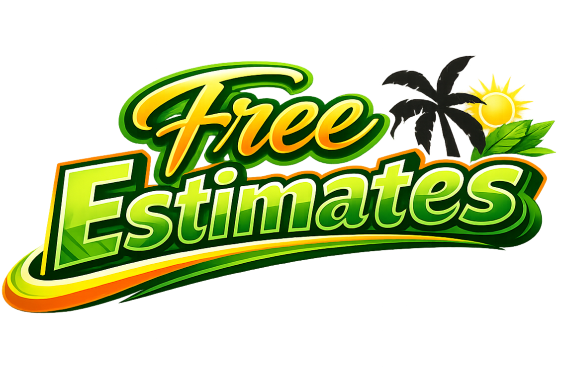 Colorful graphic with the text 'Free Estimates' in yellow, green, and orange, accompanied by a sun, leaves, and palm trees.
