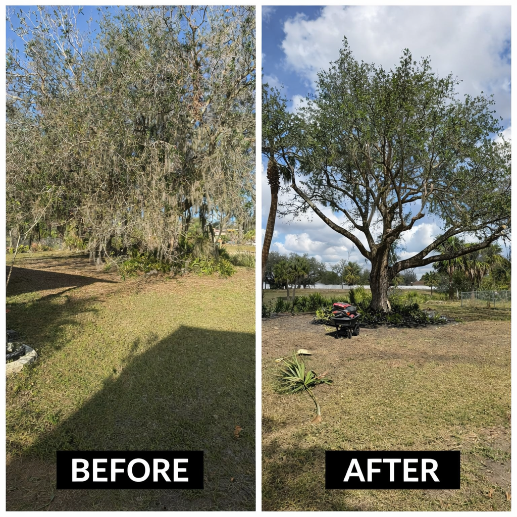 Oak tree trimming before and after photos in Port Charlotte, FL.
