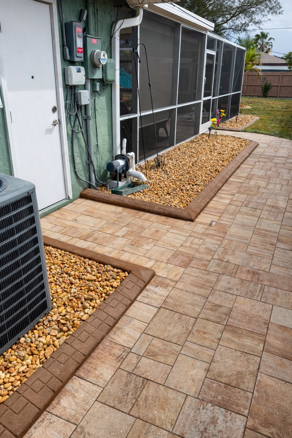 Concrete curbing and river rock installation around pool cage in Port Charlotte Florida by LD Lifestyles.
