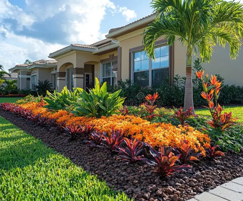 Professional tropical landscape design with palms and shrubs at Southwest Florida residence by LD Lifestyles.