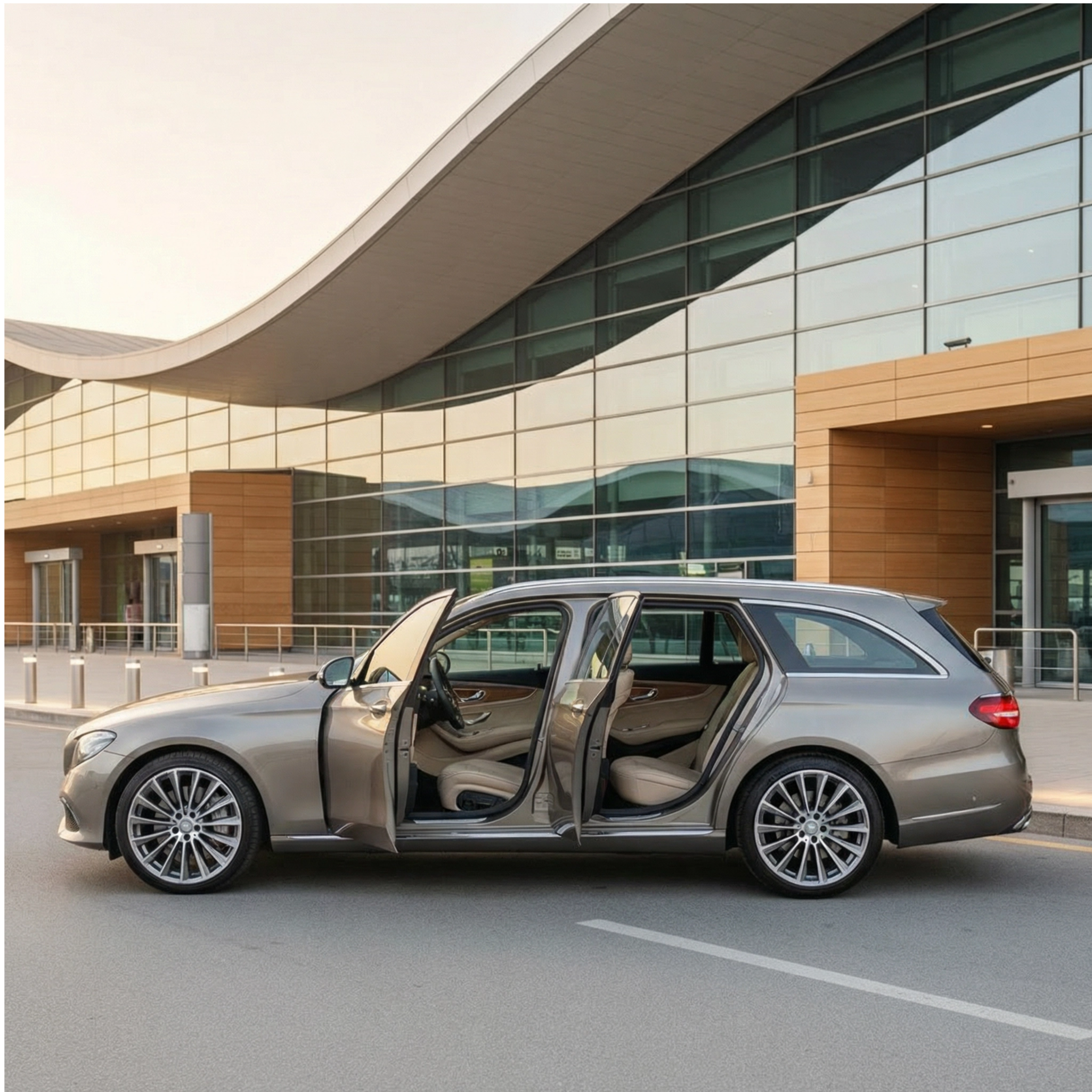 A silver luxury station wagon with open front and rear doors parked on a city street in front of a modern building with large glass windows and wooden accents.