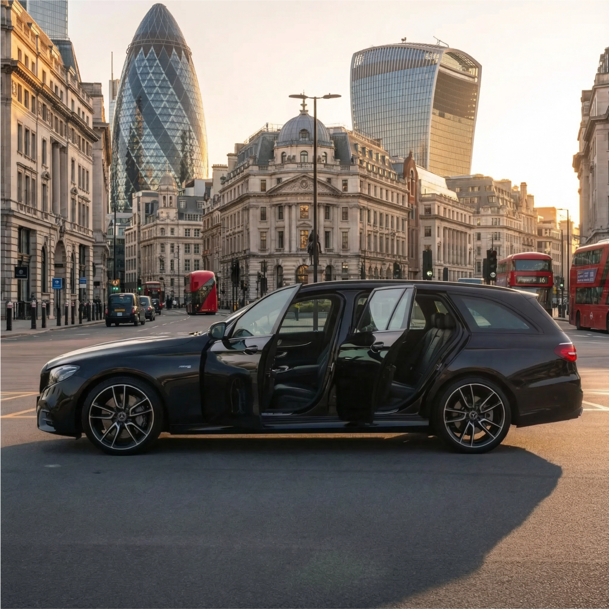 Black Mercedes-Benz station wagon with open doors parked in city street, with London skyscrapers and historic buildings in the background during sunset.