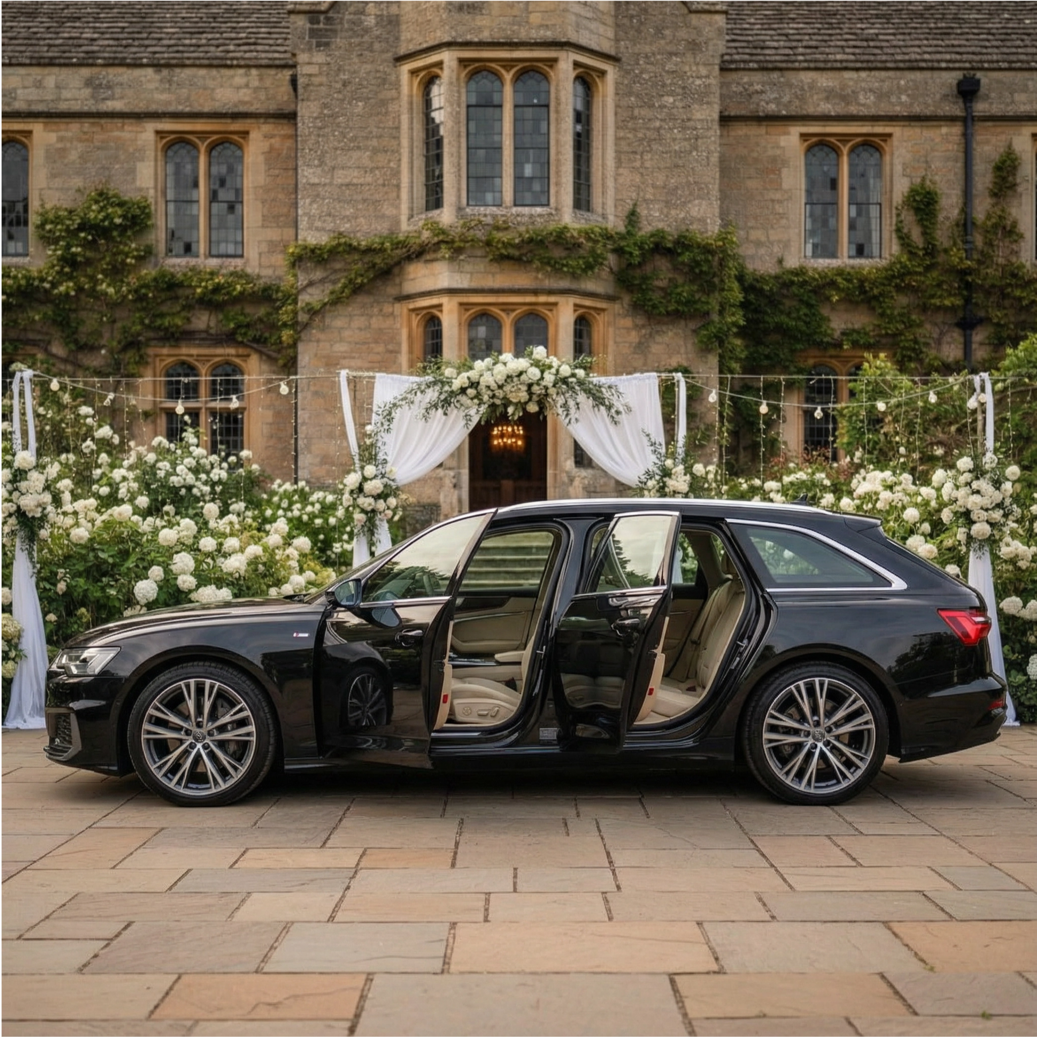 A black luxury station wagon with open front and rear doors, parked on a stone pavement in front of a wedding venue decorated with white flowers and drapes.
