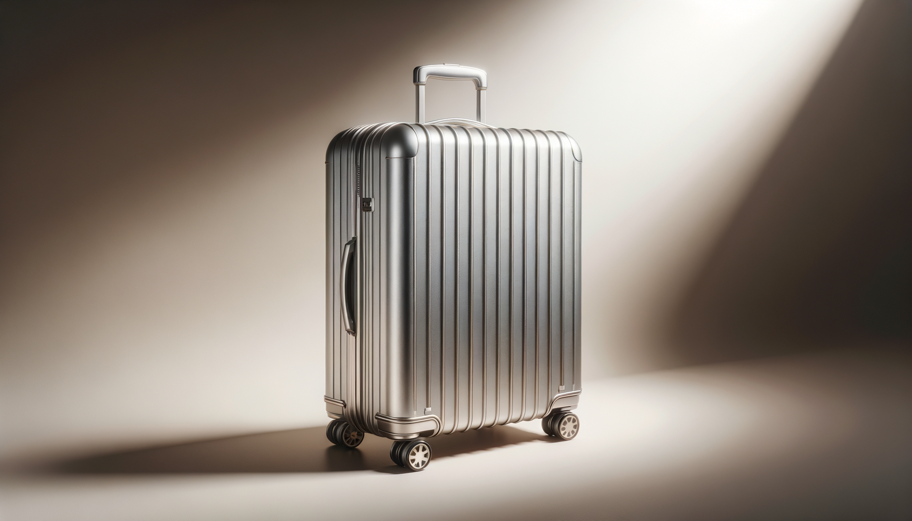 A metallic silver carry-on suitcase with four wheels and an extendable handle, standing against a neutral background with soft lighting.