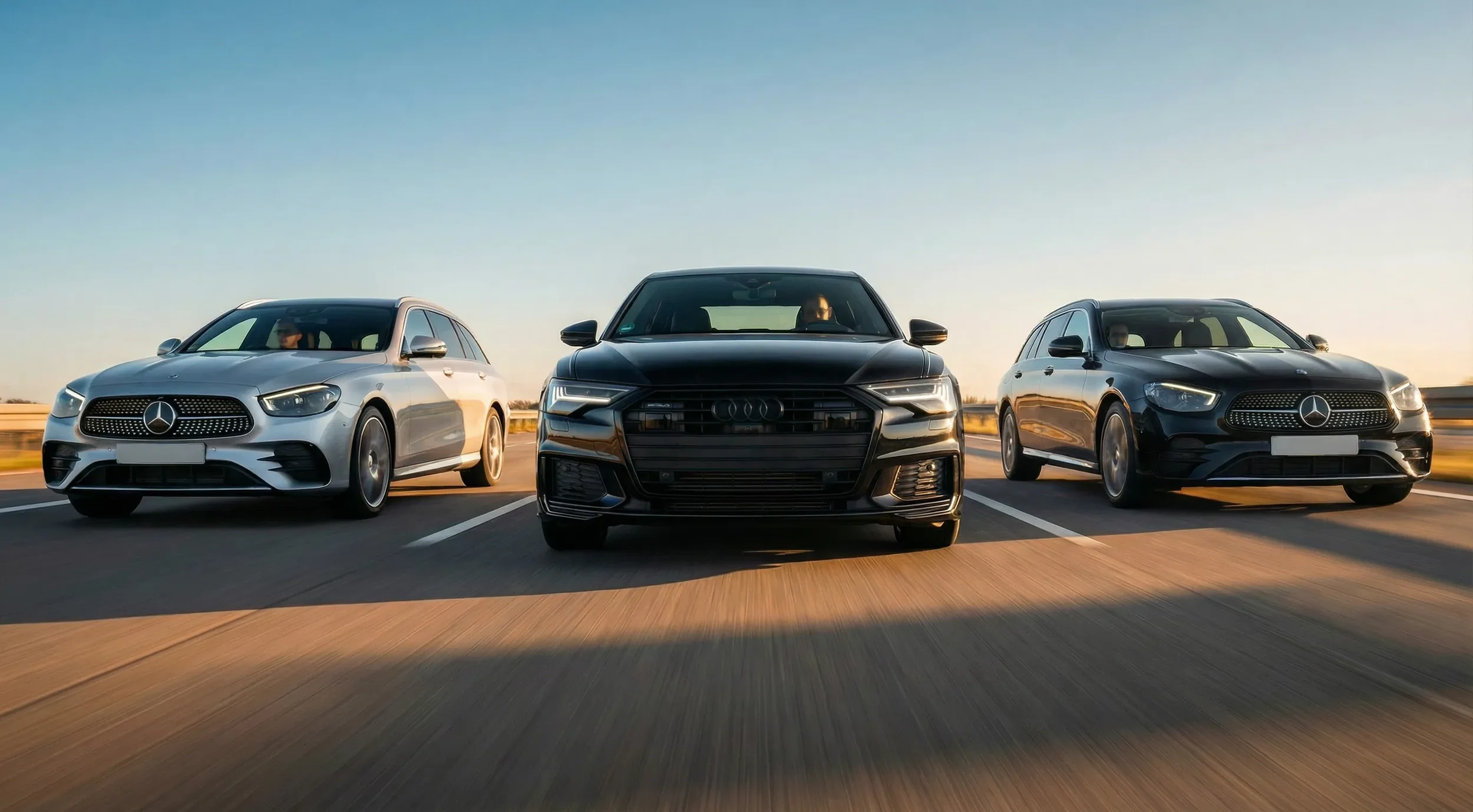 Three modern sedans parked in a row on an open highway at sunset, with clear sky and road stretching into the horizon.