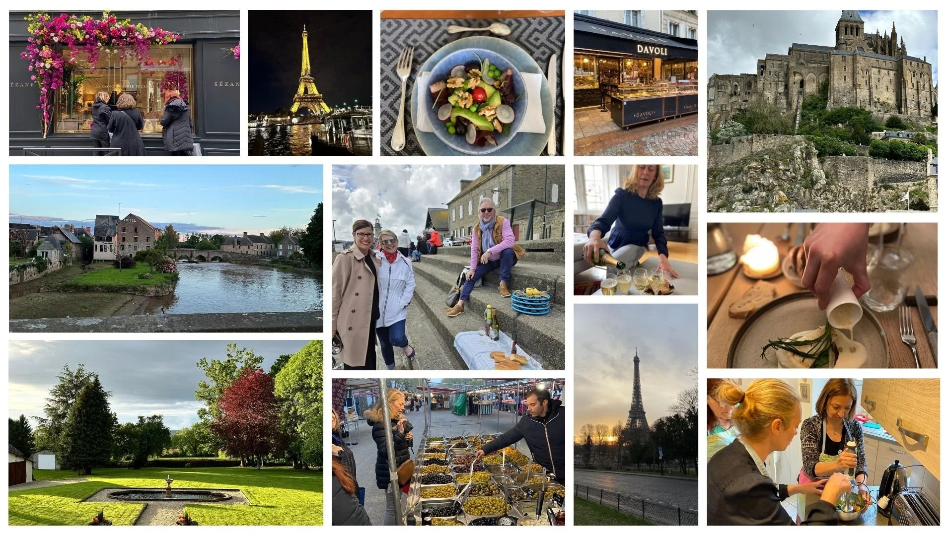 A collage of various scenes including people shopping at a market, scenic views of Paris such as the Eiffel Tower and a historic castle, a salad on a plate, bakery and wine shop, a river with historic buildings, people dining and socializing outdoors, a park with trees, and women preparing food in a kitchen.