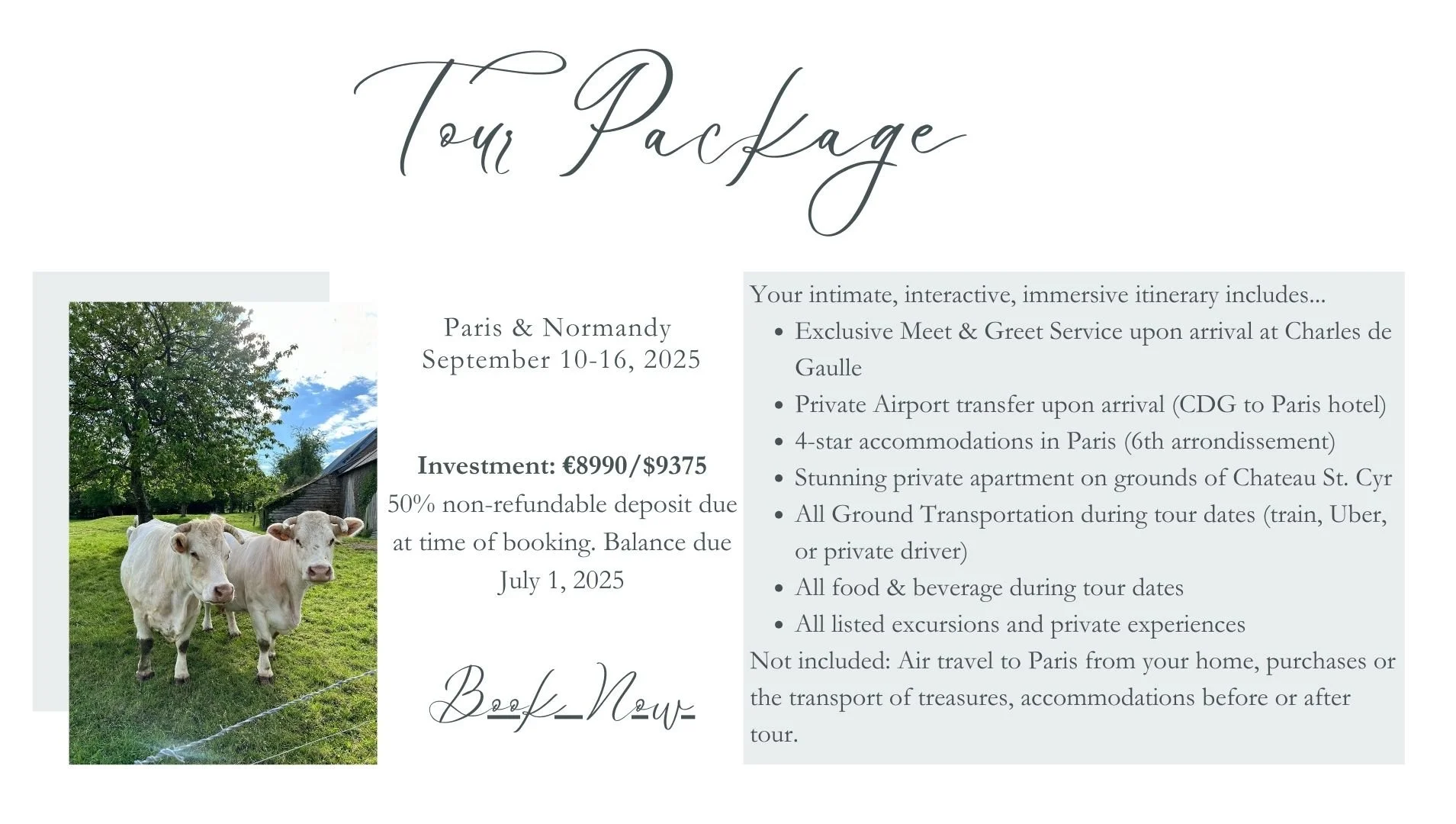 Tour package brochure for a trip to Paris and Normandy from September 10-16, 2025. It includes details about investment cost, booking deposit, and tour features such as private airport transfer, accommodations, private apartment, transportation, food, and excursions. The brochure shows a photo of two cows in a green pasture with a blue sky and trees.