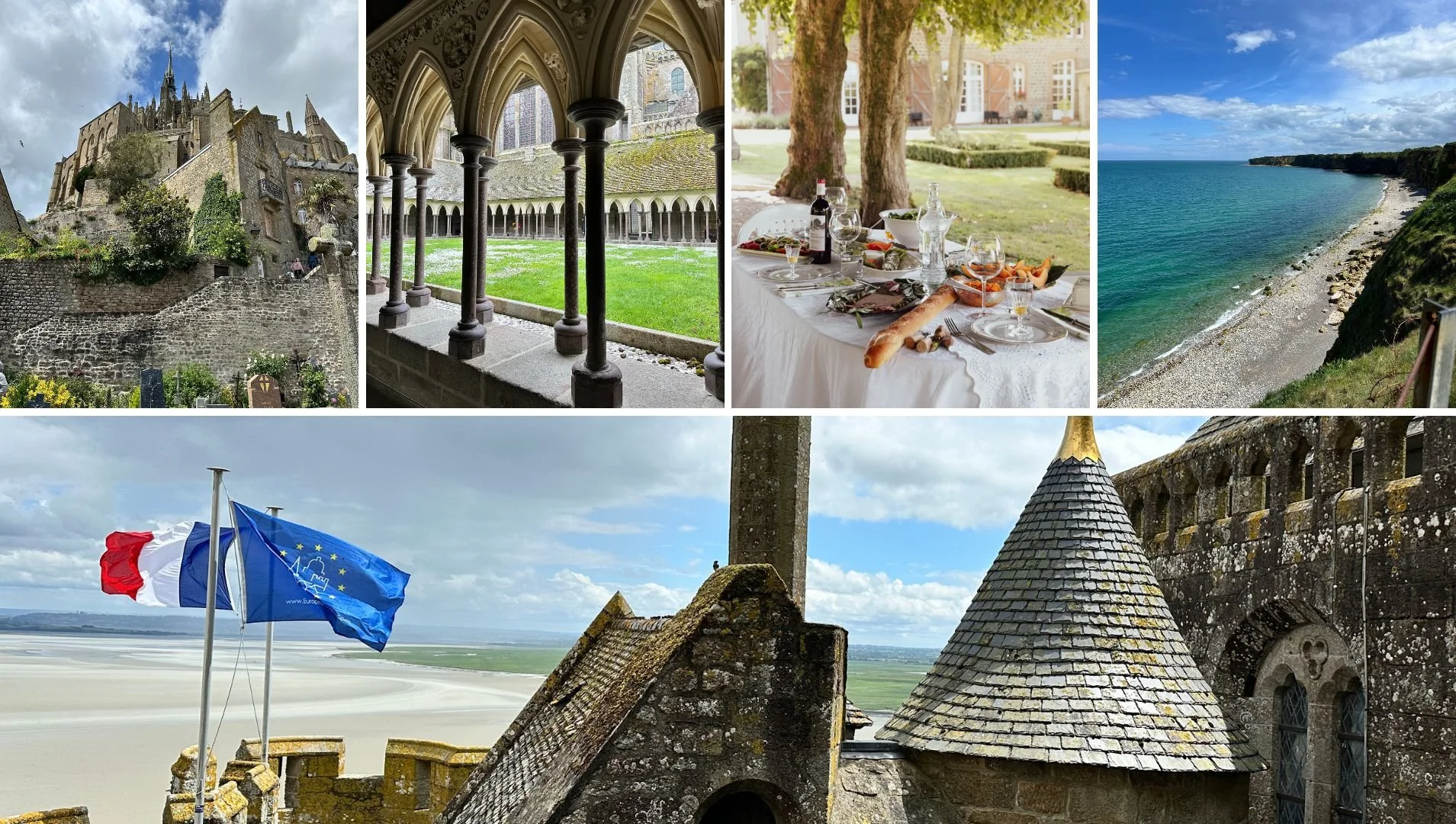 A collage of seven images showcasing European landmarks and scenery, including a castle, a cloister, a picnic table under trees, a coastline with cliffs and ocean, a French flag flying over a flat landscape, and a stone church with a tower and roof detail.