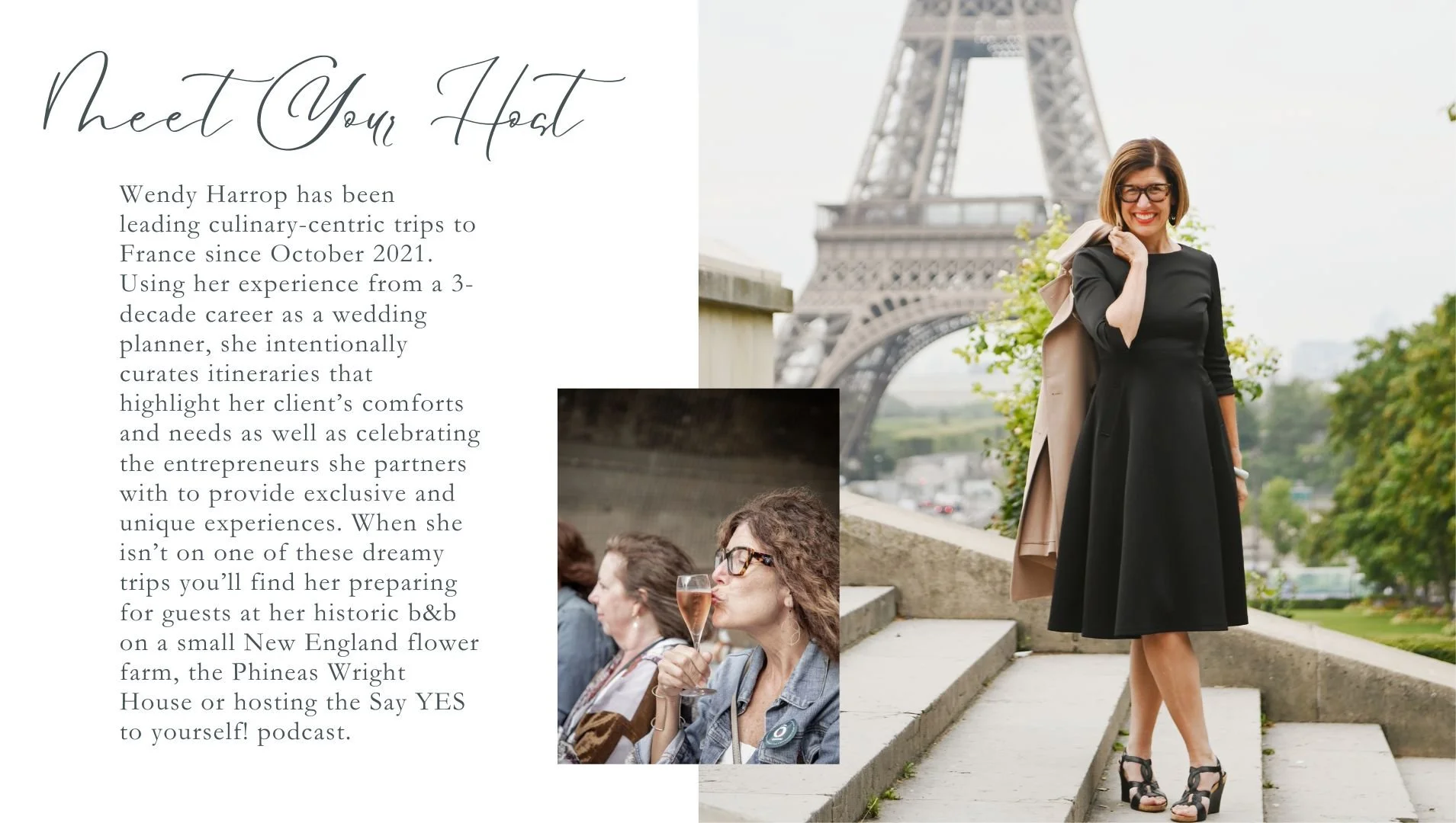 A woman in a black dress and heels posing in front of the Eiffel Tower with green trees in the background, smiling and holding her hand near her face. Inset shows another woman with curly hair, sunglasses, and a denim jacket sipping champagne at an outdoor event.