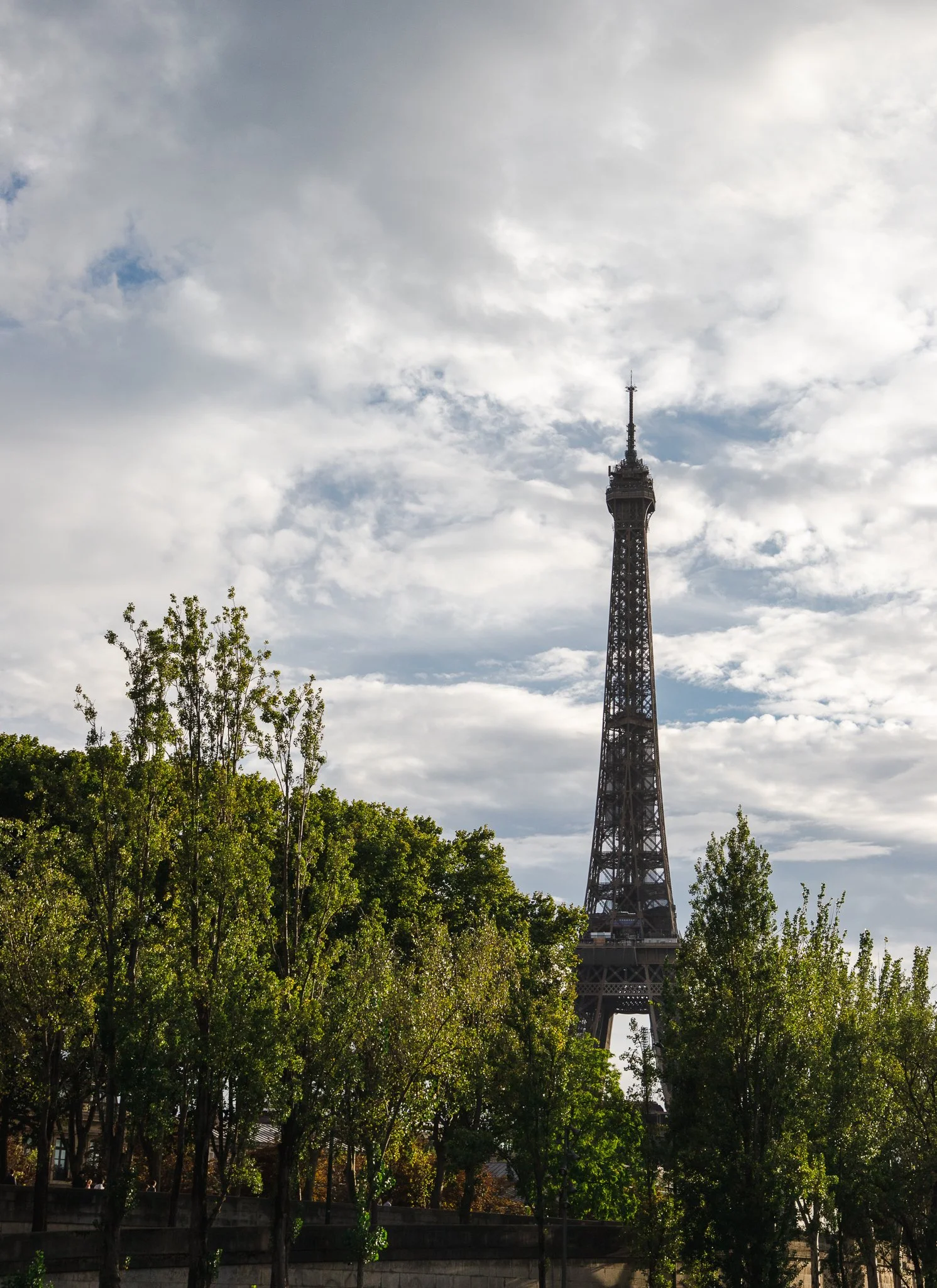 The Eiffel Tower partially obscured by green trees with a cloudy sky in the background.