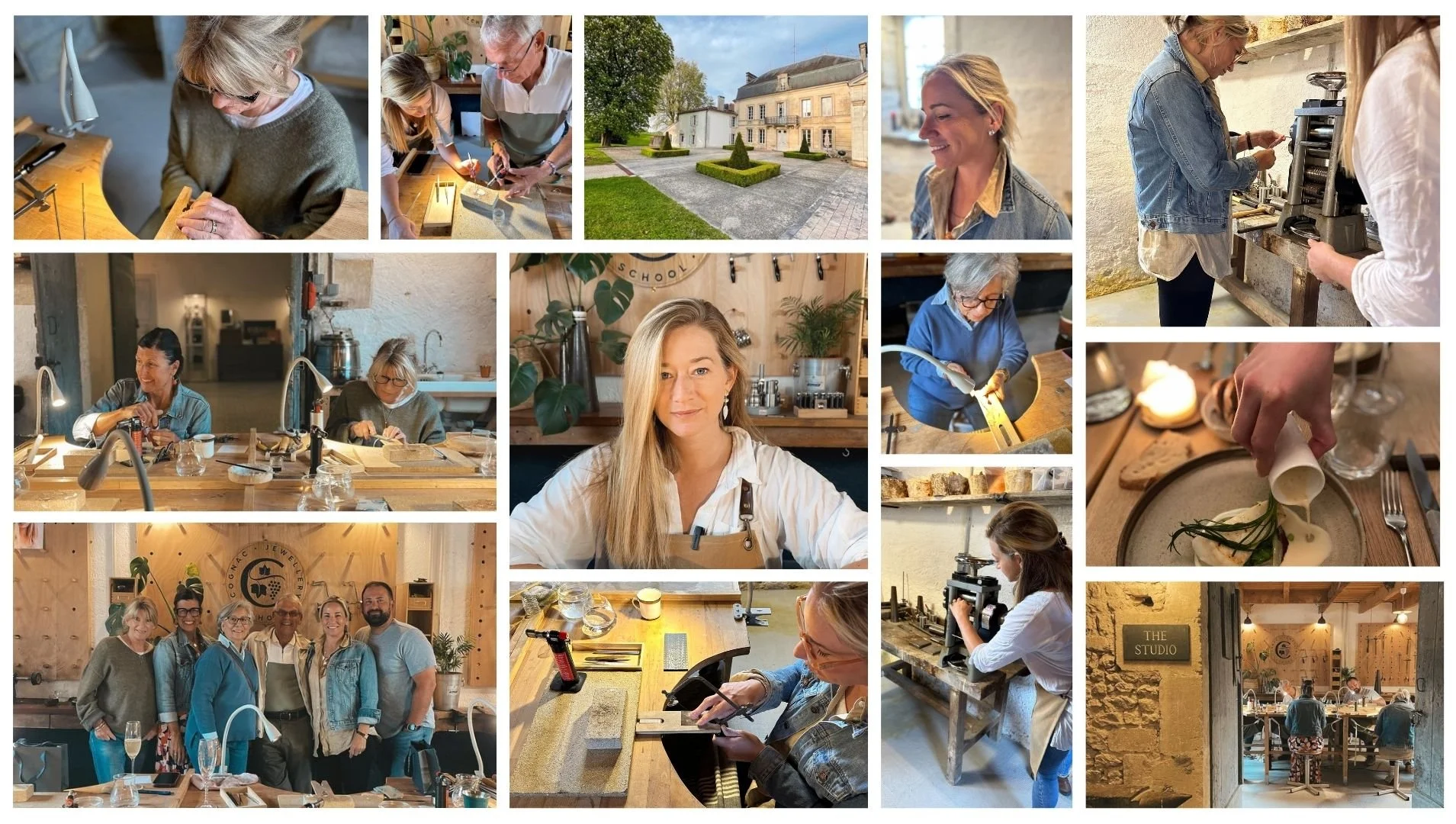 Various women participating in jewelry making workshops, working with tools, designing, and creating jewelry pieces. Some photos show group discussions and finished jewelry displays in a rustic studio setting.