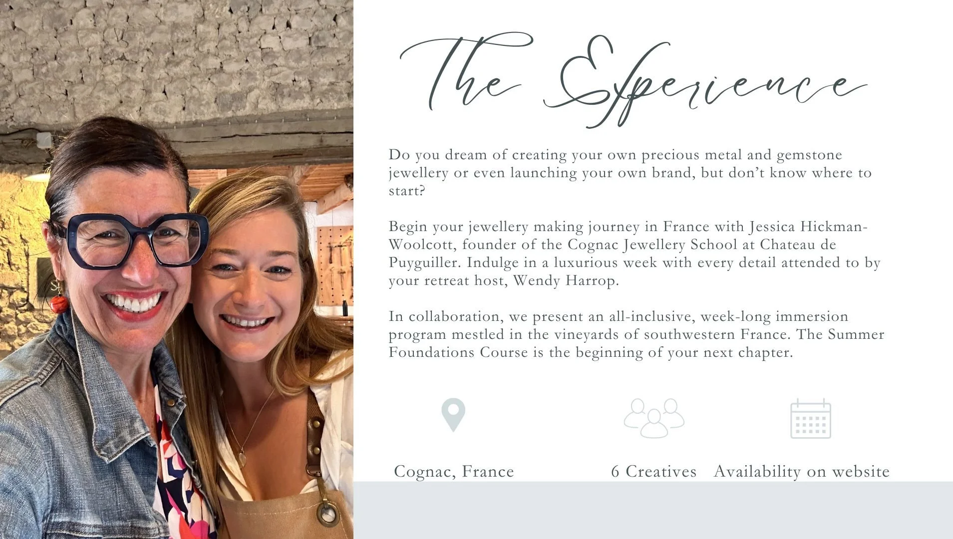 Two women posing for a selfie inside a rustic building, with a textured stone wall in the background. The woman on the left wears glasses and a denim jacket, while the woman on the right has blonde hair and a tan apron. To the right, there is a partially visible digital promotional poster or flyer about creating jewelry, with elegant cursive and printed text detailing a craft workshop in France.