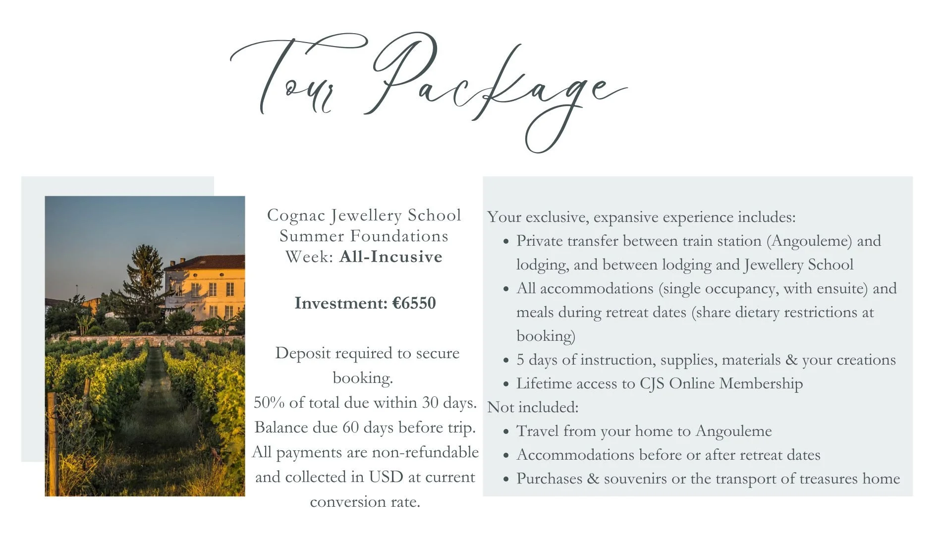 A brochure page titled "Tour Package" advertising a Cognac Jewellery School Summer Foundations week. It shows a scenic vineyard image on the left and detailed information about the package, including investment cost, booking requirements, and included amenities.