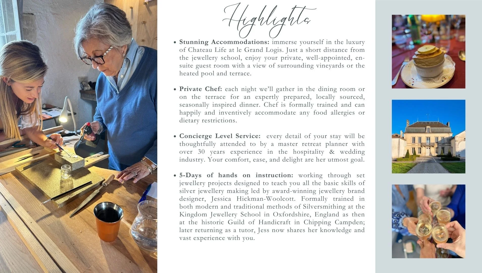 A collage featuring three images and a text section. The main image shows an older woman and a young girl working on jewelry at a wooden workbench inside, with various tools and materials. The top right image is a dessert topped with lemon slices on a doily, set on a table. The middle right image is the exterior of a grand, historic chateau with a symmetrical facade and a gravel driveway. The bottom right image depicts multiple hands holding glasses of champagne, toasting indoors.
