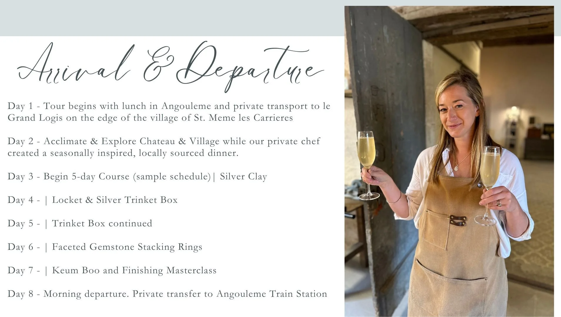 A woman with light brown hair, wearing a white shirt and a tan apron, holding two glasses of champagne in an indoor rustic setting with wooden beams.
