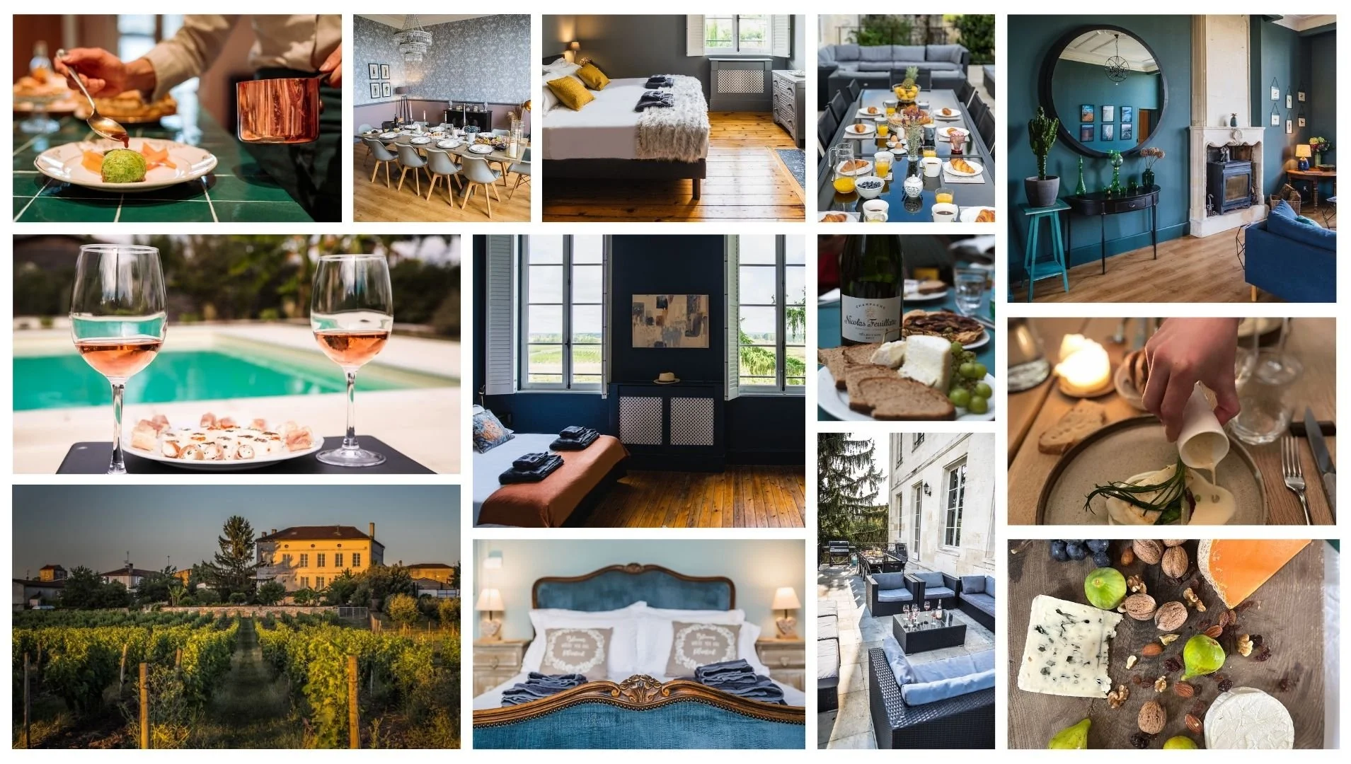 A collage of images including a chef plating food, a dinner party setup, a cozy bedroom with yellow pillows, a breakfast table with food and drinks, a living room with a mirror and fireplace, glasses of rosé wine by a pool, a bedroom with two beds and large windows, an outdoor patio with seating, a vineyard, a bedroom with a blue upholstered headboard, a wine and cheese platter, a hand pouring sauce onto a dish, and an assortment of cheeses and nuts.