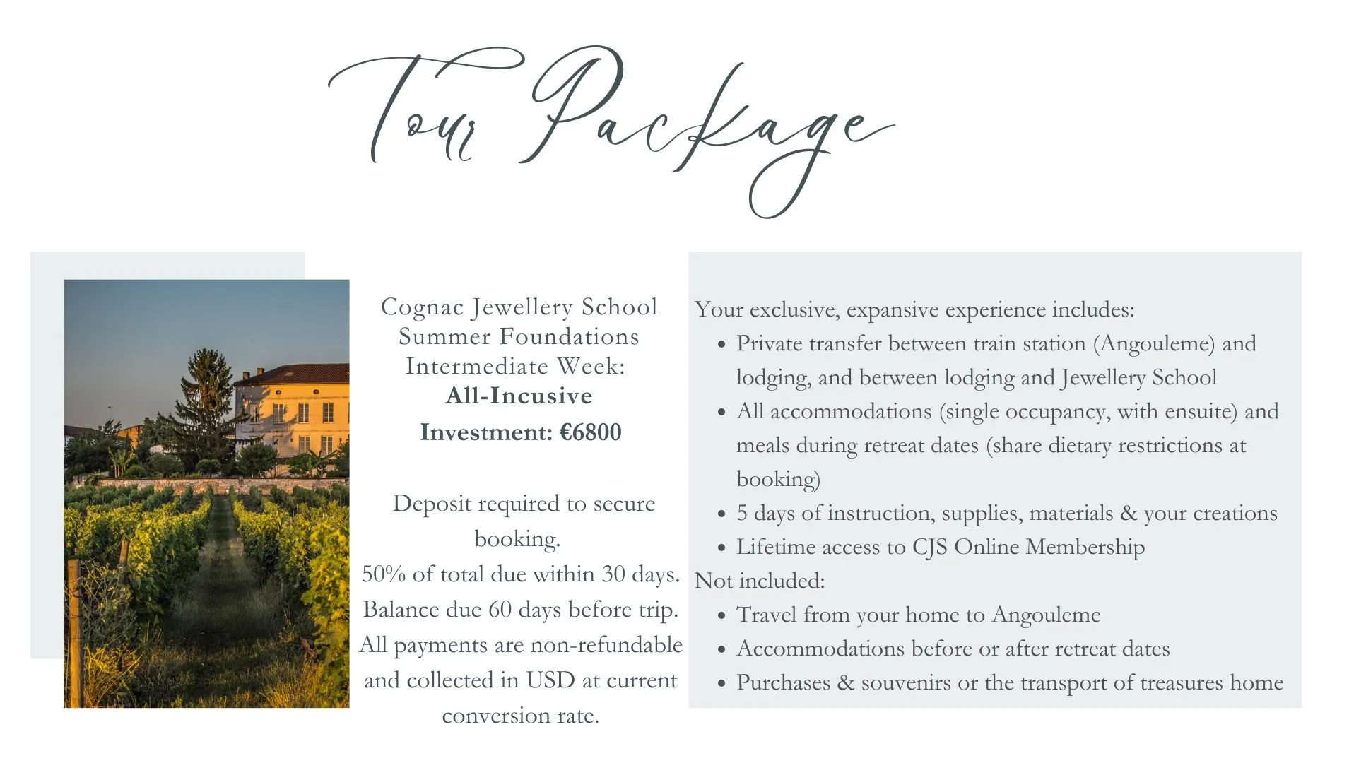 Brochure detailing an all-inclusive package for a summer jewelry school retreat in Burgundy, France, costing €6800, with a photograph of a building and vineyard landscape.